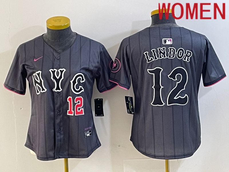 Women New York Mets #12 Lindor Black City Edition 2024 Nike MLB Jersey style 4->women mlb jersey->Women Jersey